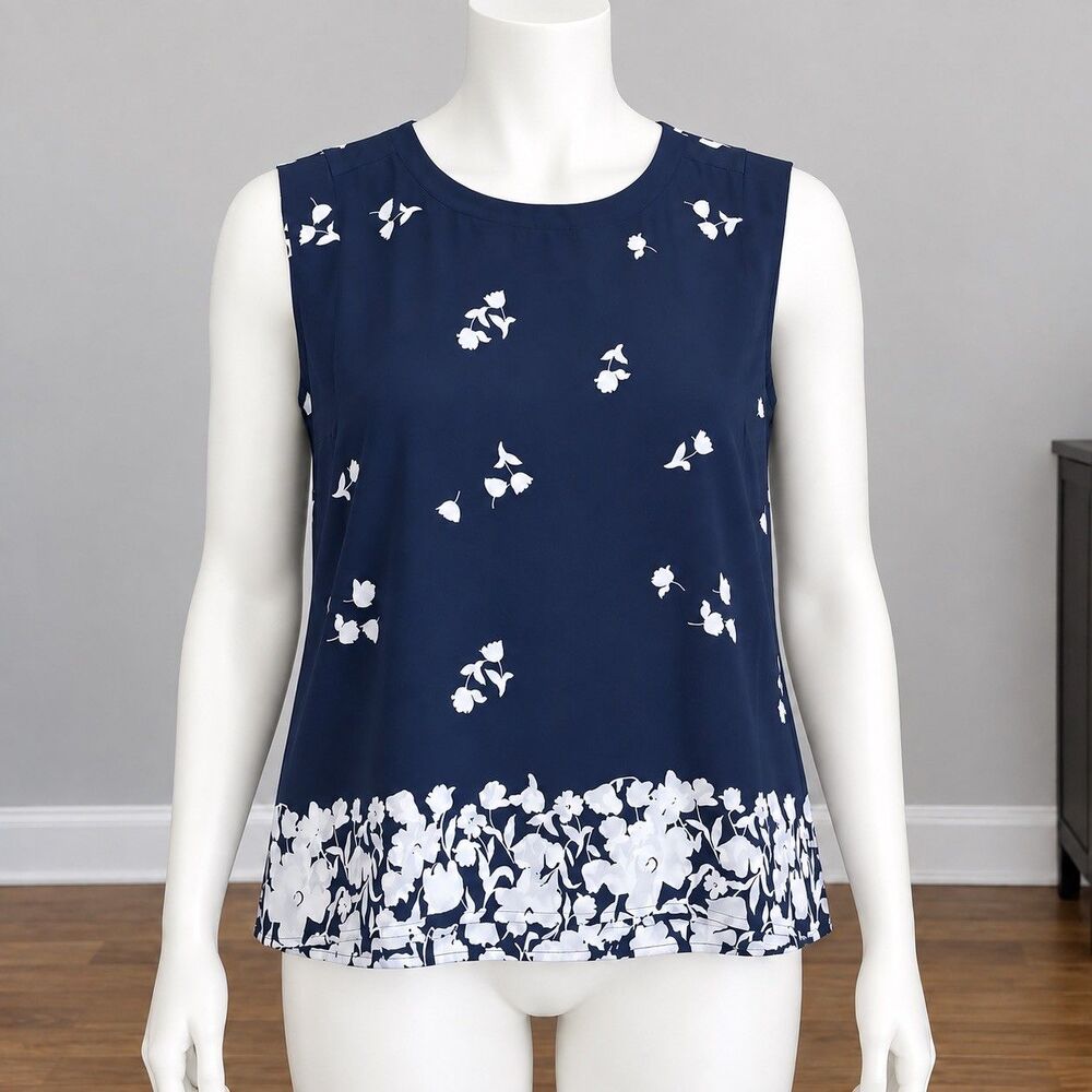 Ann Taylor Women M Navy White Floral Sleeveless Blouse Preppy Career Top